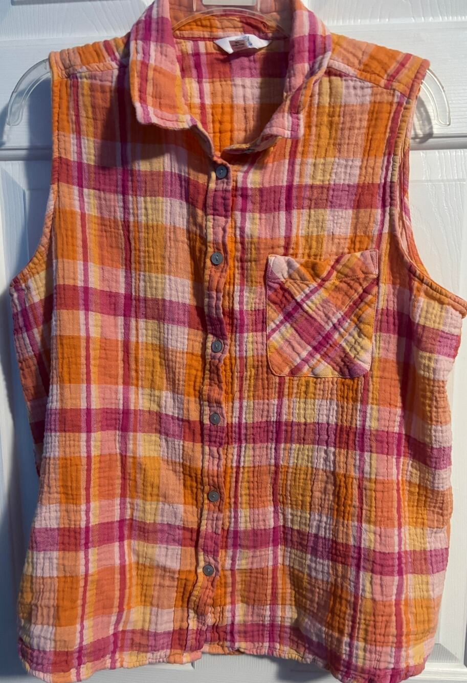 Time and Tru Orange Pink Plaid Cotton Gauze Sleeveless Shirt Womens XL 16 18